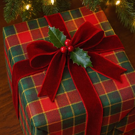 クリスマス 赤 緑 タータン 光沢 ホリデー ラッピングペーパー