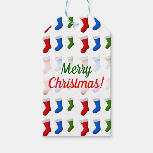 クリスマス；赤、青、緑のクリスマスストッキング ギフトタグ (正面)