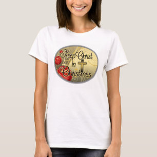 クリスマス、金ゴールドまたは赤いクリスチャンのキリストを保って下さ Tシャツ