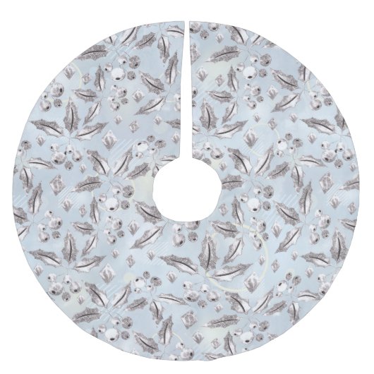 クリスマス、銀色の小枝、白、雪片、冬 ブラッシュドポリエステルツリースカート (正面)