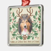 クリスマス〔雄ジカの〕枝角の犬/猫パーソナライズ写真 メタルオーナメント (左)