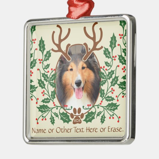 クリスマス〔雄ジカの〕枝角の犬/猫パーソナライズ写真 メタルオーナメント (左)