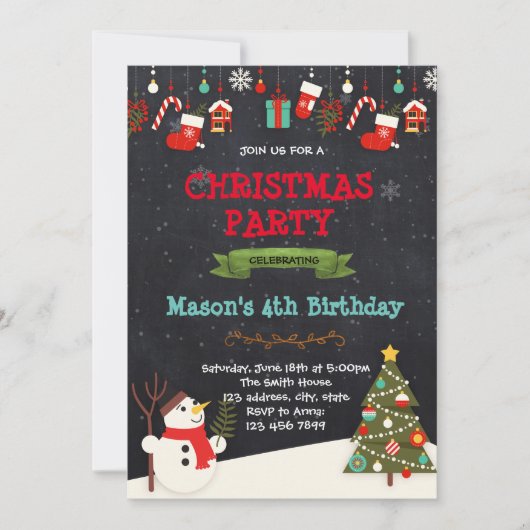 クリスマス・雪だるまの誕生日パーティー招待状 招待状 (正面)