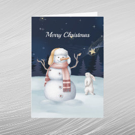 クリスマス 雪だるま うさぎ 星 水彩 夜