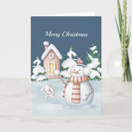 クリスマス 雪だるま うさぎ 木 雪玉 水彩画 (正面)