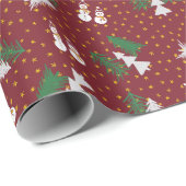 クリスマス – 雪だるま&木 – 濃い赤 ラッピングペーパー (ロールコーナー)