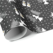 クリスマス – 雪だるま&木 – 黒ラッピング紙 ラッピングペーパー (ロールコーナー)