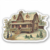クリスマス 雪のビクトリア調の古い家 シール (正面)