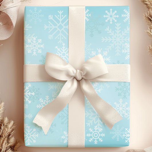 クリスマス+雪の結晶+ブルーの雪のパターン ラッピングペーパー