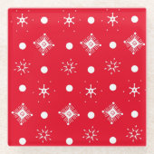 クリスマス+雪の結晶+柄+赤 ガラスコースター (正面)