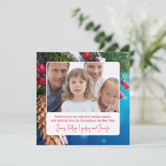 クリスマス(鳥)ショウジョウコウカンチョウとカスタマイズ可能な家族写真 シーズンカード (スタンド正面)