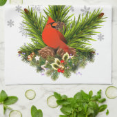 クリスマス（鳥）ショウジョウコウカンチョウと緑 キッチンタオル (折り畳み)