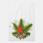 クリスマス（鳥）ショウジョウコウカンチョウと緑 キッチンタオル (縦)
