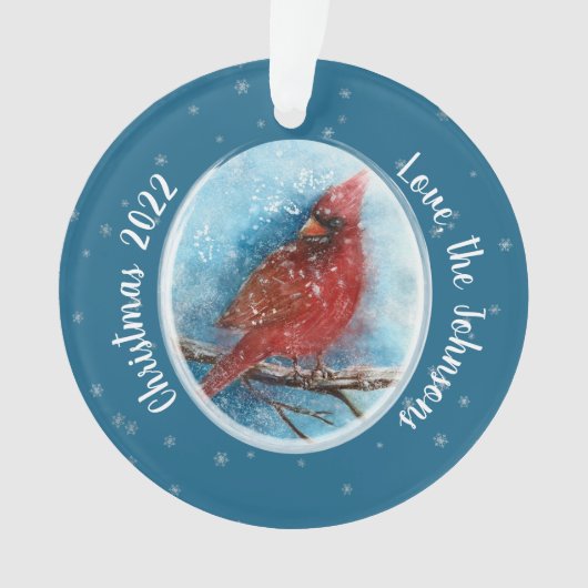 クリスマス(鳥)ショウジョウコウカンチョウの雪の結晶オン赤または青 オーナメント (正面)