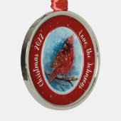 クリスマス（鳥）ショウジョウコウカンチョウの雪の結晶オン赤または青 メタルオーナメント (右)