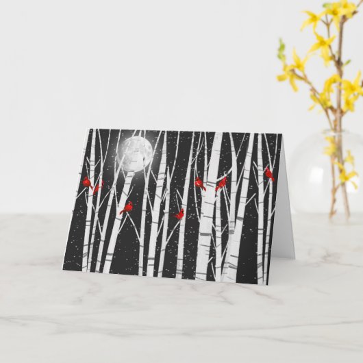 クリスマス（鳥）ショウジョウコウカンチョウの鳥が樺の木の木に カード (黄色い花)