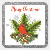 クリスマス（鳥）ショウジョウコウカンチョウグリーナリーアンドシルバーグリッター スクエアシール (正面)