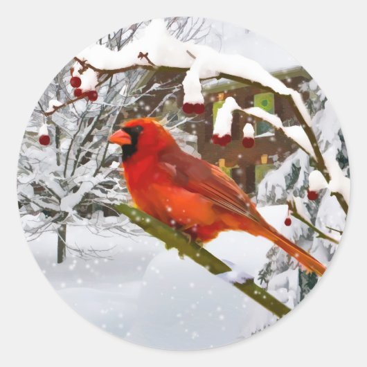クリスマス，（鳥）ショウジョウコウカンチョウバード，雪，シール ラウンドシール (正面)