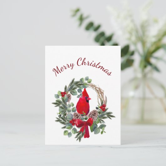 クリスマス(鳥)ショウジョウコウカンチョウレッドバードウォーター色自然アート ポストカード (スタンド正面)