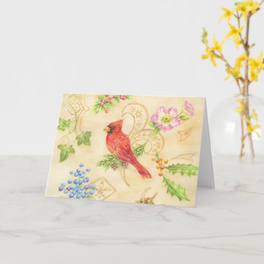 クリスマス（鳥）ショウジョウコウカンチョウ任意の大事な行事空白のノートカード カード (黄色い花)