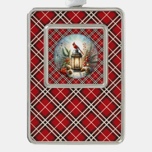 クリスマス(鳥)ショウジョウコウカンチョウ思い出す愛するワンランタン シルバープレートフレームオーナメント (正面)