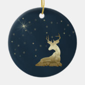クリスマス、黄金の鹿と雪 セラミックオーナメント (正面)