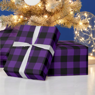 クリスマス 黒とロイヤルパープルのバッファローチェック ラッピングペーパー