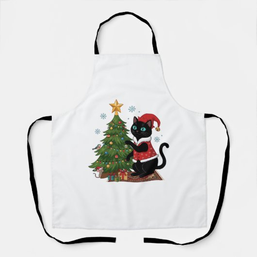 クリスマス 黒猫 サンタ帽 木のネズミ エプロン (正面)