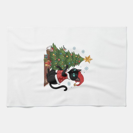 クリスマス 黒猫 サンタ帽 木のネズミ キッチンタオル (横)