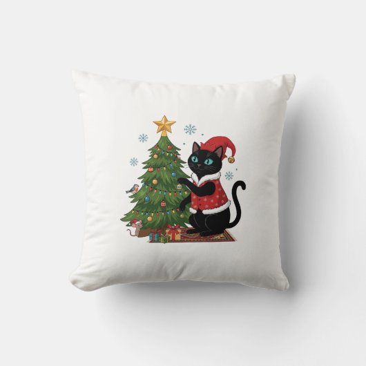 クリスマス 黒猫 サンタ帽 木のネズミ クッション (正面)