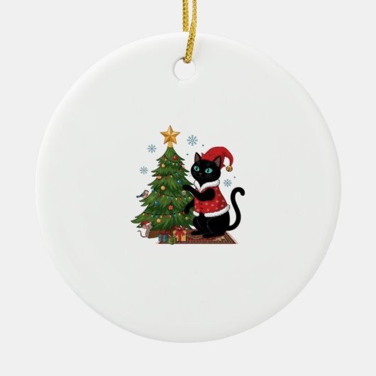 クリスマス 黒猫 サンタ帽 木のネズミ セラミックオーナメント (正面)