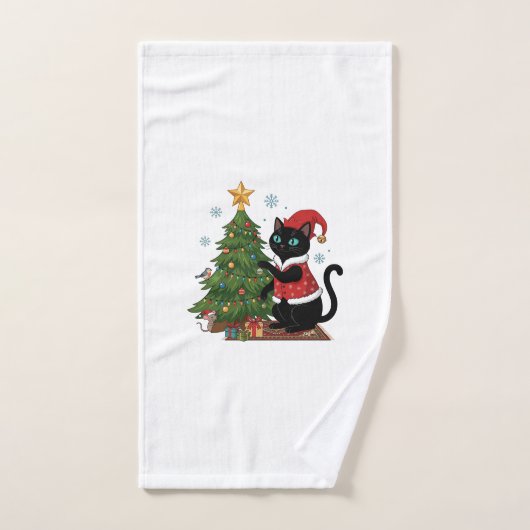 クリスマス 黒猫 サンタ帽 木のネズミ ハンドタオル (ハンドタオル)