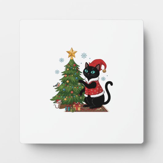 クリスマス 黒猫 サンタ帽 木のネズミ フォトプラーク (正面)