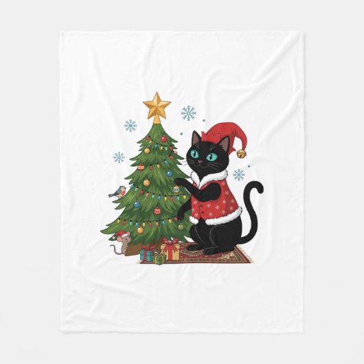 クリスマス 黒猫 サンタ帽 木のネズミ フリースブランケット (正面)