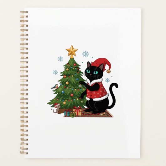 クリスマス 黒猫 サンタ帽 木のネズミ プランナー手帳 (正面)