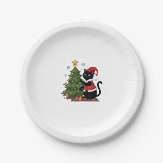 クリスマス 黒猫 サンタ帽 木のネズミ ペーパープレート (正面)