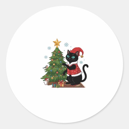 クリスマス 黒猫 サンタ帽 木のネズミ ラウンドシール (正面)