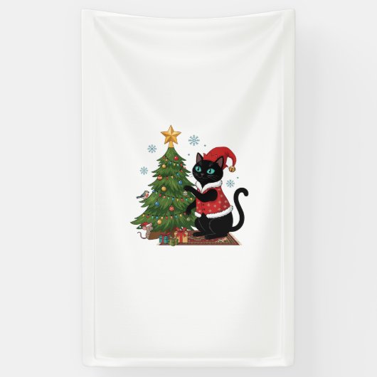 クリスマス 黒猫 サンタ帽 木のネズミ 横断幕 (縦)
