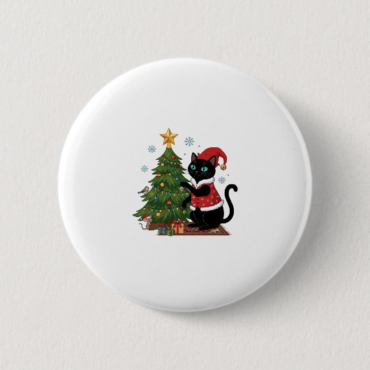 クリスマス 黒猫 サンタ帽 木のネズミ 缶バッジ (正面)