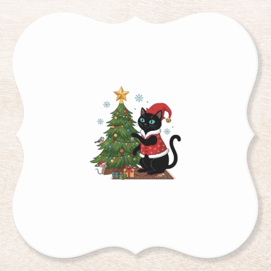 クリスマス 黒猫 サンタ帽 木 マウス ペーパーコースター (正面)