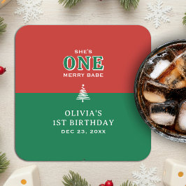 クリスマス 1歳の誕生日パーティー フェスティブ 赤と緑 スクエアペーパーコースター
