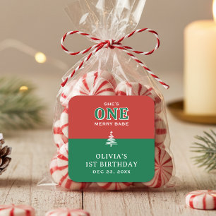 クリスマス 1歳の誕生日パーティー フェスティブ 赤+緑 スクエアシール