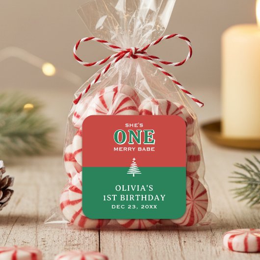 クリスマス 1歳の誕生日パーティー フェスティブ 赤+緑 スクエアシール