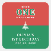 クリスマス 1歳の誕生日パーティー フェスティブ 赤+緑 スクエアシール (正面)
