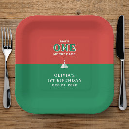 クリスマス 1歳の誕生日パーティー フェスティブ 赤+緑 ペーパープレート