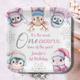 クリスマス 1歳の誕生日 かわいいピンクの冬の動物たち ペーパープレート