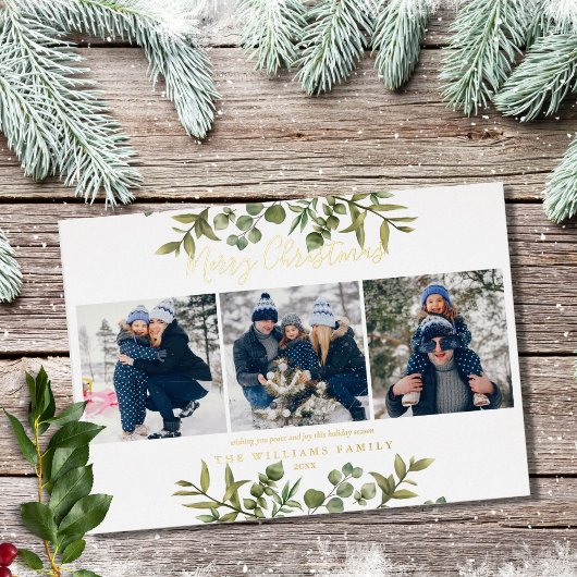 クリスマス 3枚の写真 グリーンとゴールド 箔シーズンカード