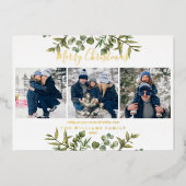 クリスマス 3枚の写真 グリーンとゴールド 箔シーズンカード (正面)
