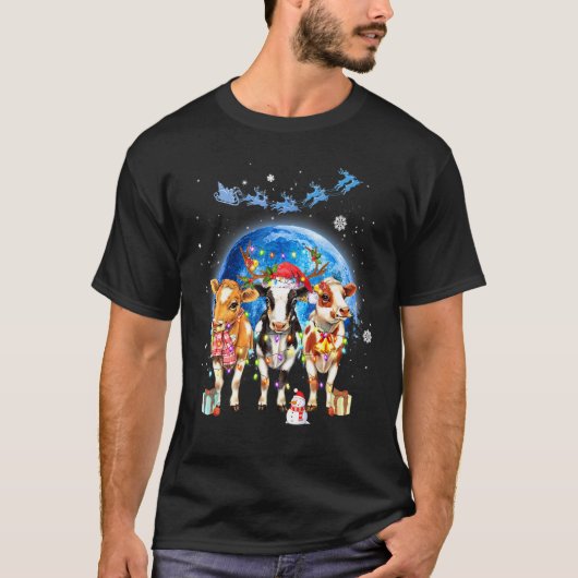 クリスマス 3頭の牛 サンタハット 月 クリスマス Tシャツ (正面)
