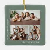 クリスマス 3 枚の家族写真コラージュ セージグリーン セラミックオーナメント (正面)